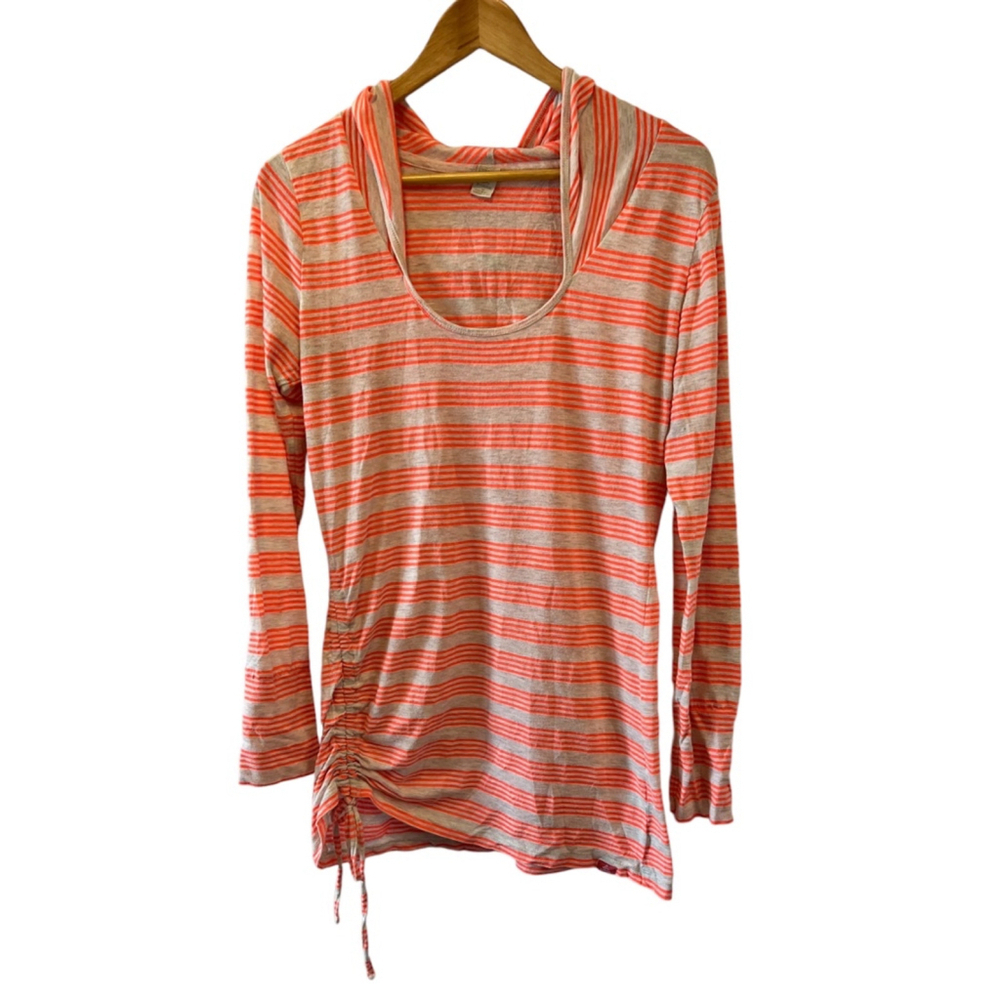 Orange & Grey Striped Side Cinch Lightweight Hooded Long Sleeve Casual Top S